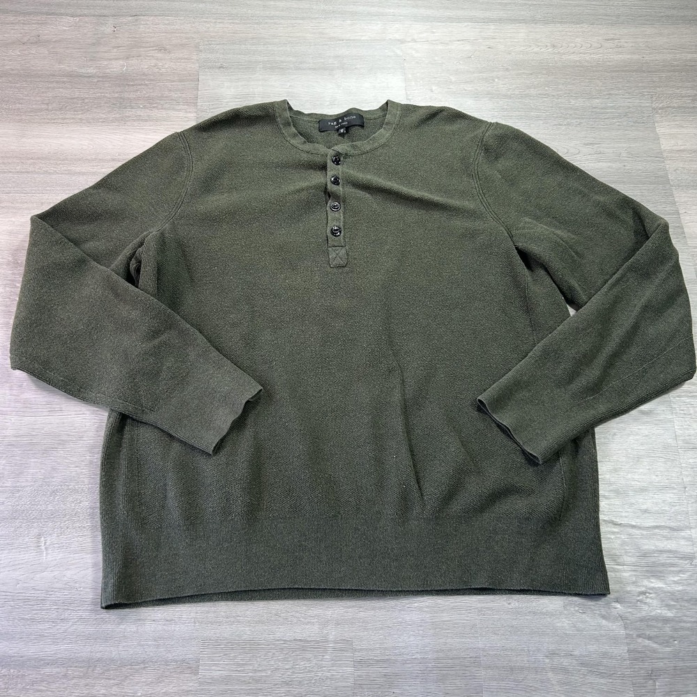 Rag & Bone Sweater Mens XL Green Cotton Henley‎ Knit Pullover Long Sleeve